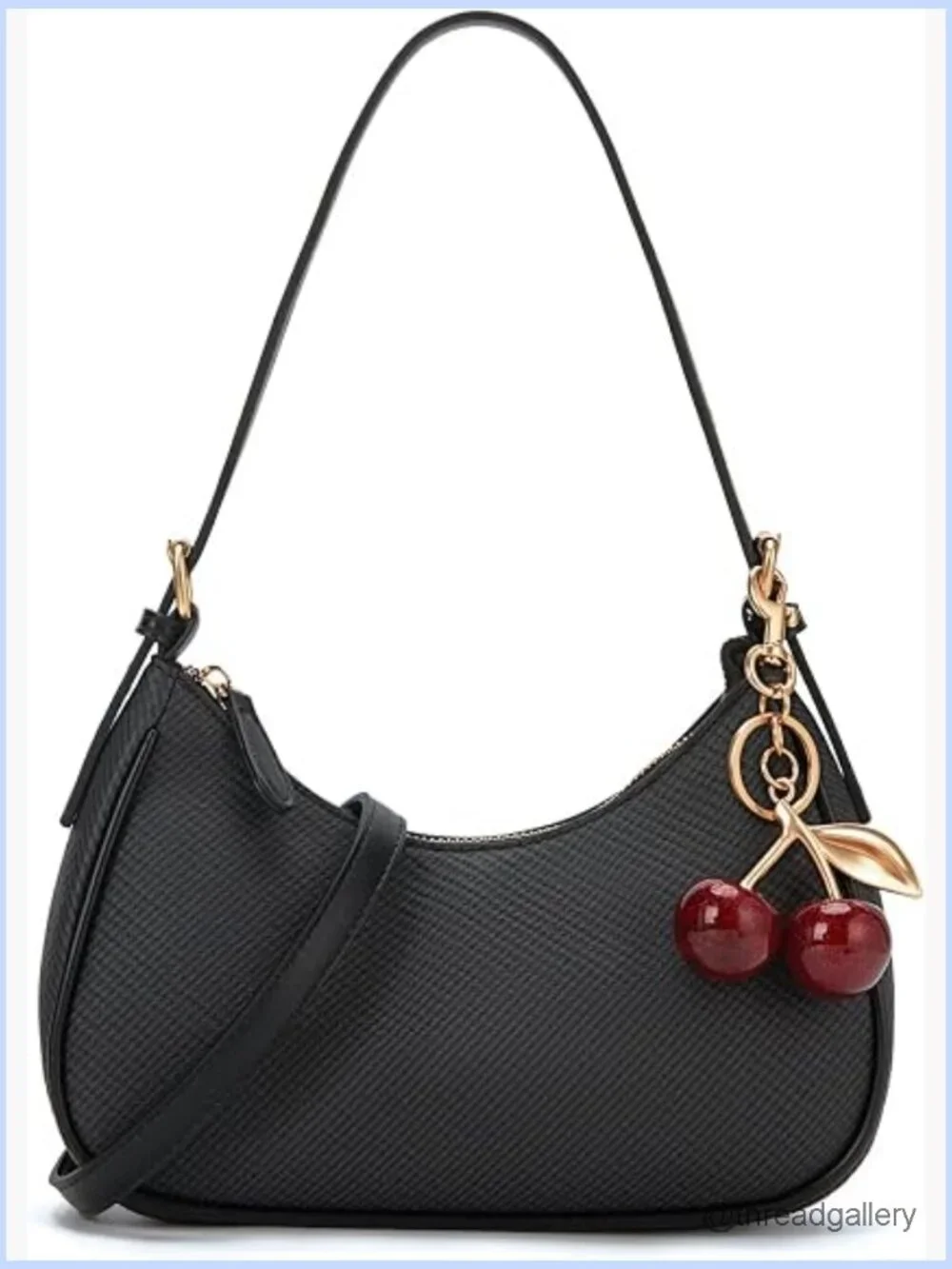 Faux Leather Crescent Crossbody Bag with Cherry Charm Zip Closure